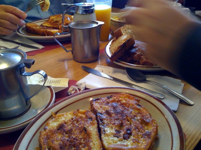 French toast and corned beef & hash at Oatley's Restaurant.