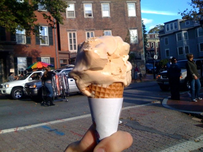 A coffee ice cream cone from Rhode iln Ice Cream's stand.