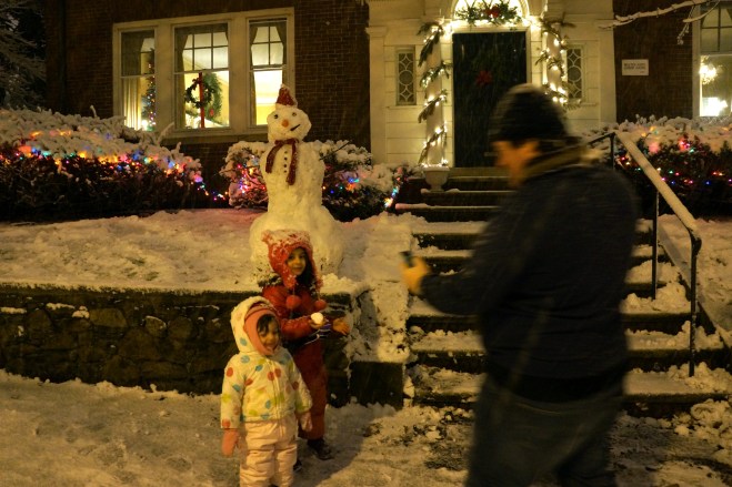 Making a snowman this winter at home in Providence.