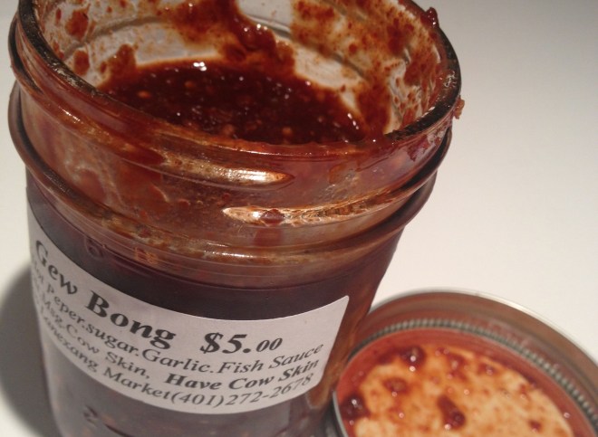 More likely romanized as Jaew Bong, a Laotian sweet-hot sauce.