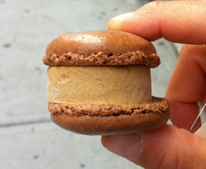 Espresso ice cream in a chocolate macaron cookie from Ellie's Bakery.
