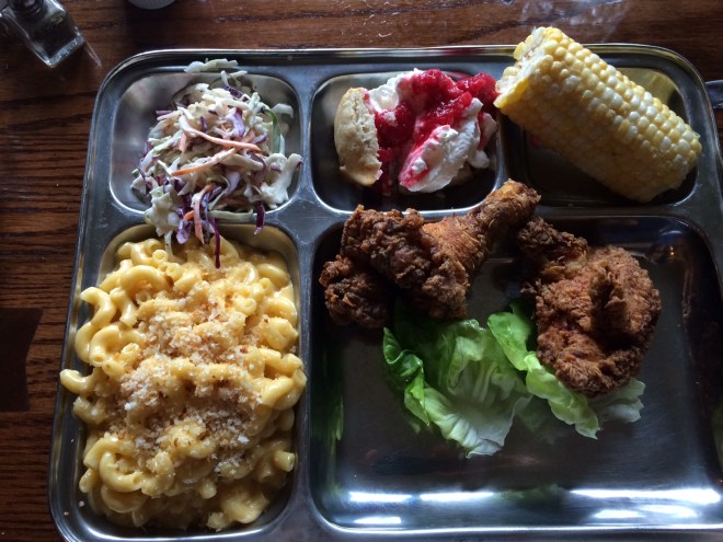 Fried chicken, cole slaw, fresh corn, creamy mac and cheese - this isn't the TV dinner I remember.