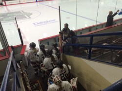 Waiting to give high-fives to the players as they re-enter the rink.